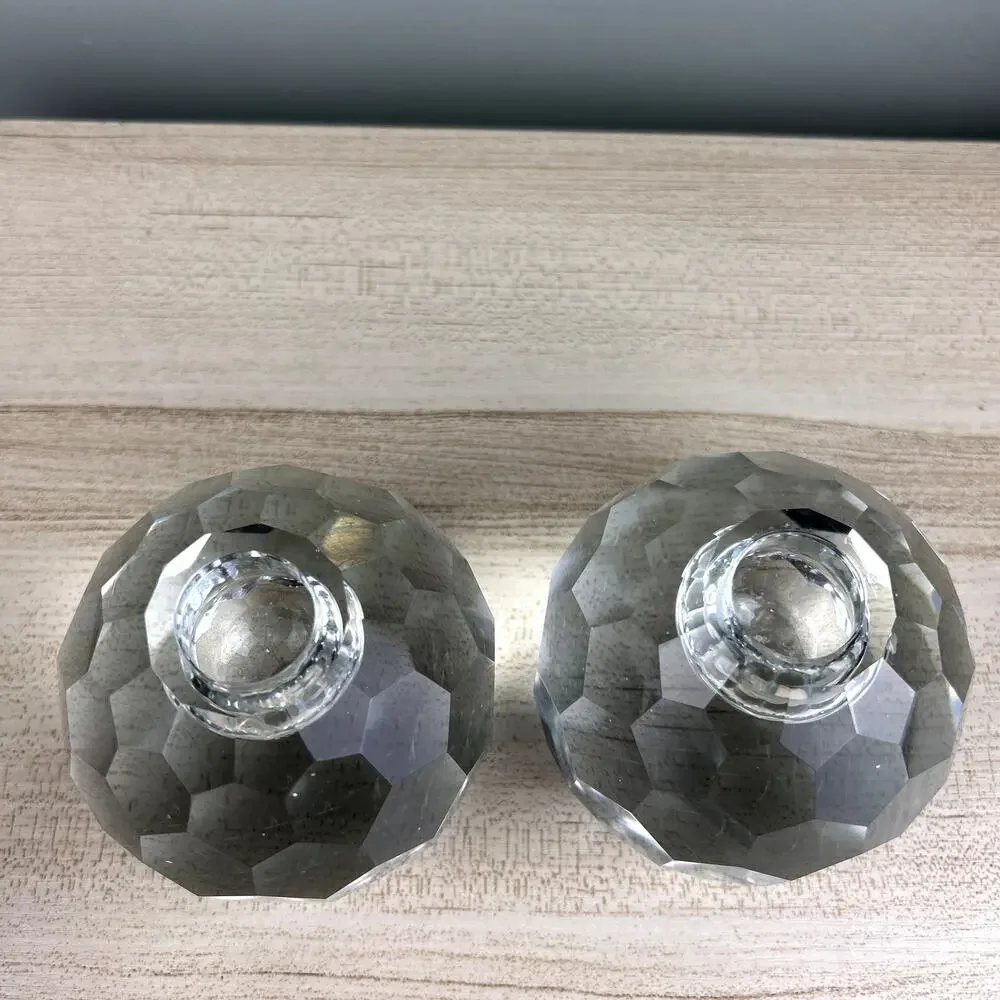 Vintage Faceted Spherical Glass Candlestick Holder Honeycomb Set of 2